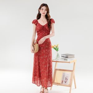 2025 Summer French Style V Neck Lace Up Slimming Long Floral Dress