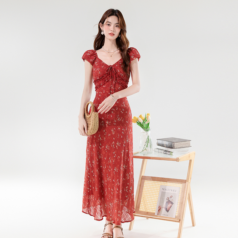 2025 Summer French Style V Neck Lace Up Slimming Long Floral Dress