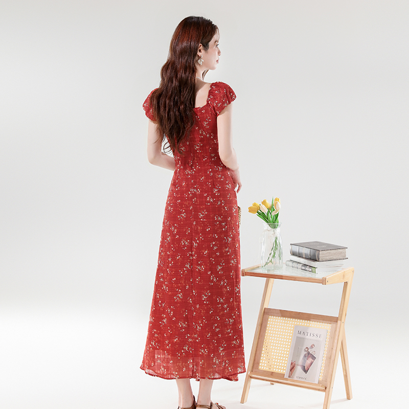 2025 Summer French Style V Neck Lace Up Slimming Long Floral Dress - Image 5
