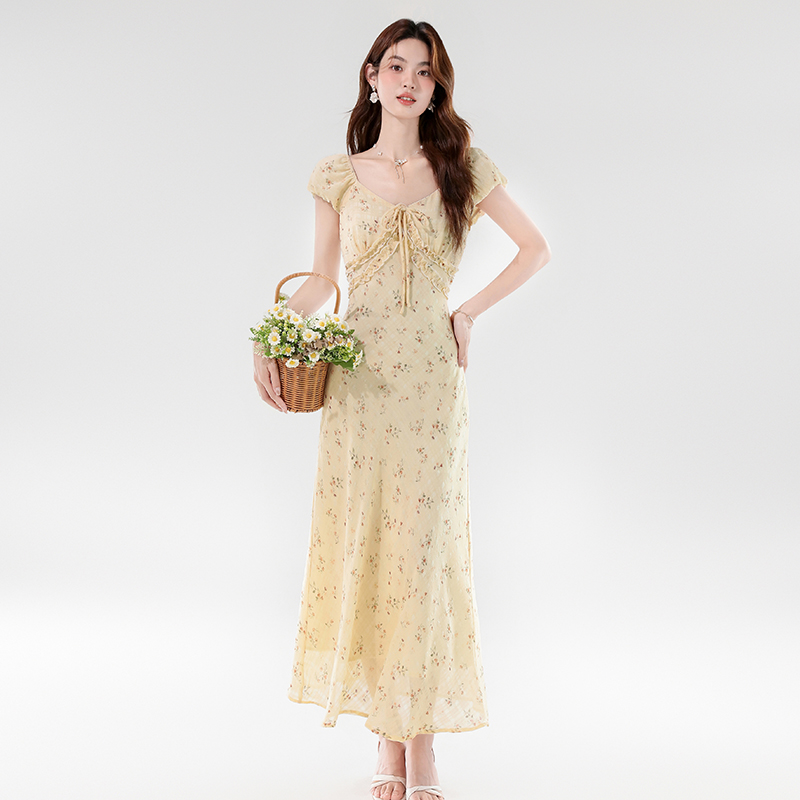 2025 Summer French Style V Neck Lace Up Slimming Long Floral Dress - Image 3
