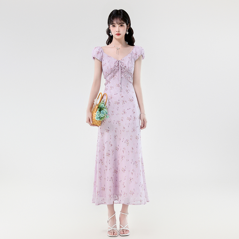 2026 Summer French V-Neck Mermaid Hem Long Dress - Image 3