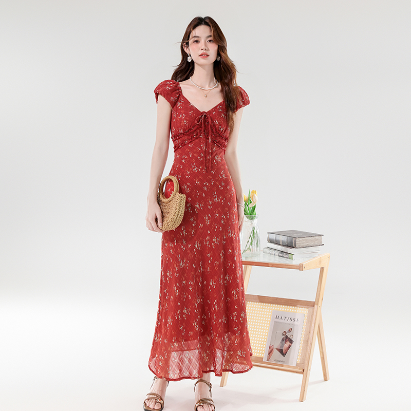2026 Summer French V-Neck Mermaid Hem Long Dress - Image 2