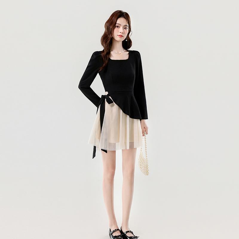 2025 Autumn Square Neck Color Block Mesh Dress - Image 4
