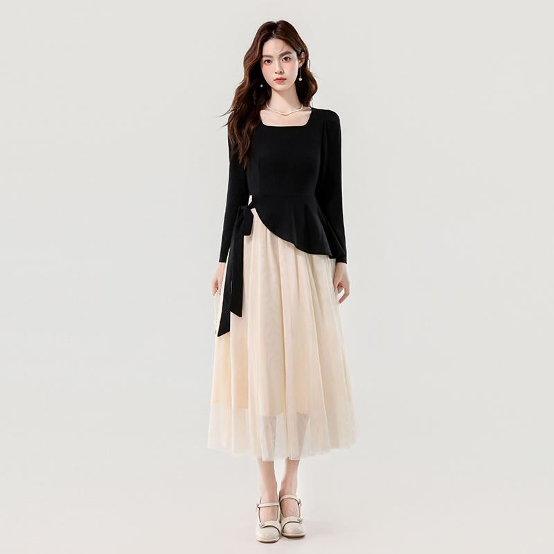 2025 Autumn Square Neck Color Block Mesh Dress - Image 3