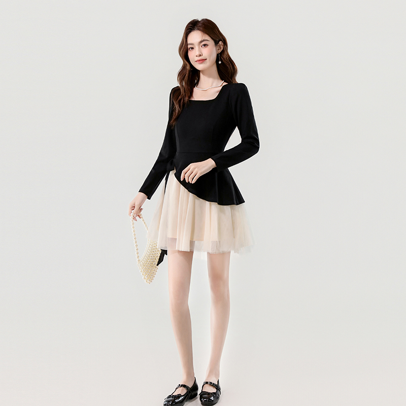 2025 Autumn Square Neck Color Block Mesh Dress - Image 2