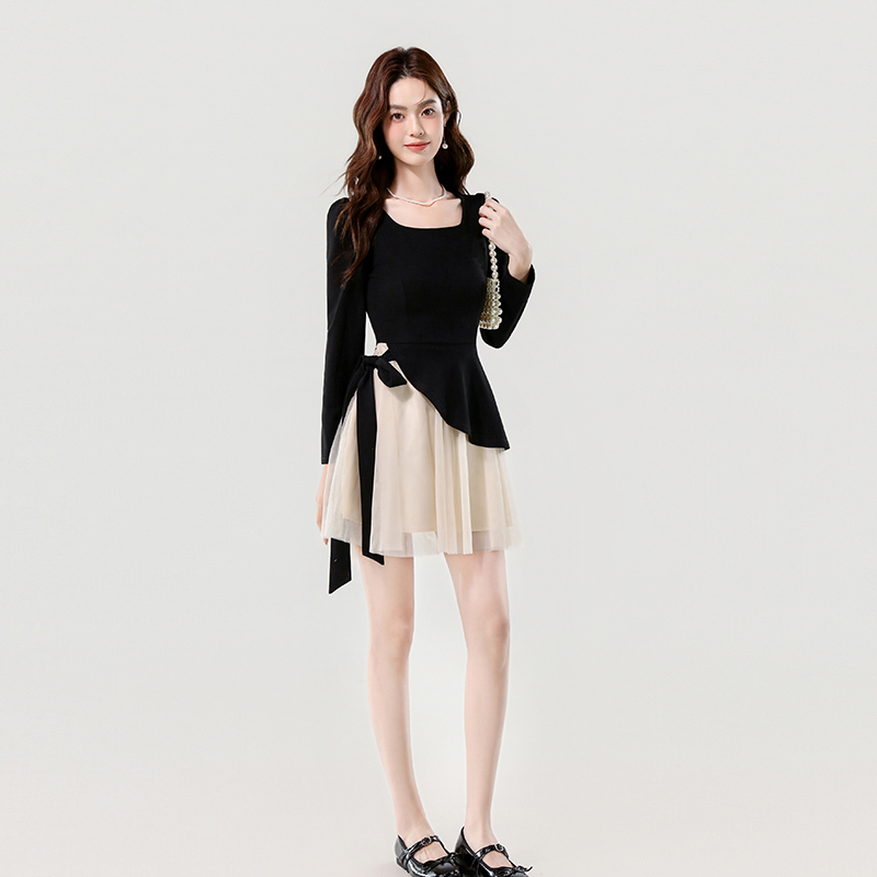 2025 Autumn Square Neck Color Block Mesh Dress - Image 5