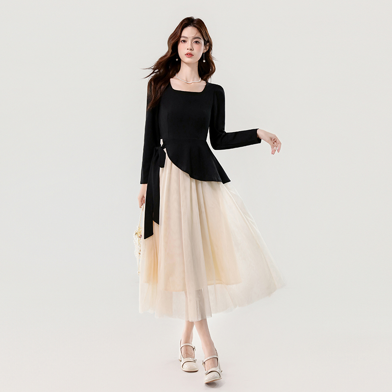 2025 Autumn Square Neck Color Block Mesh Dress