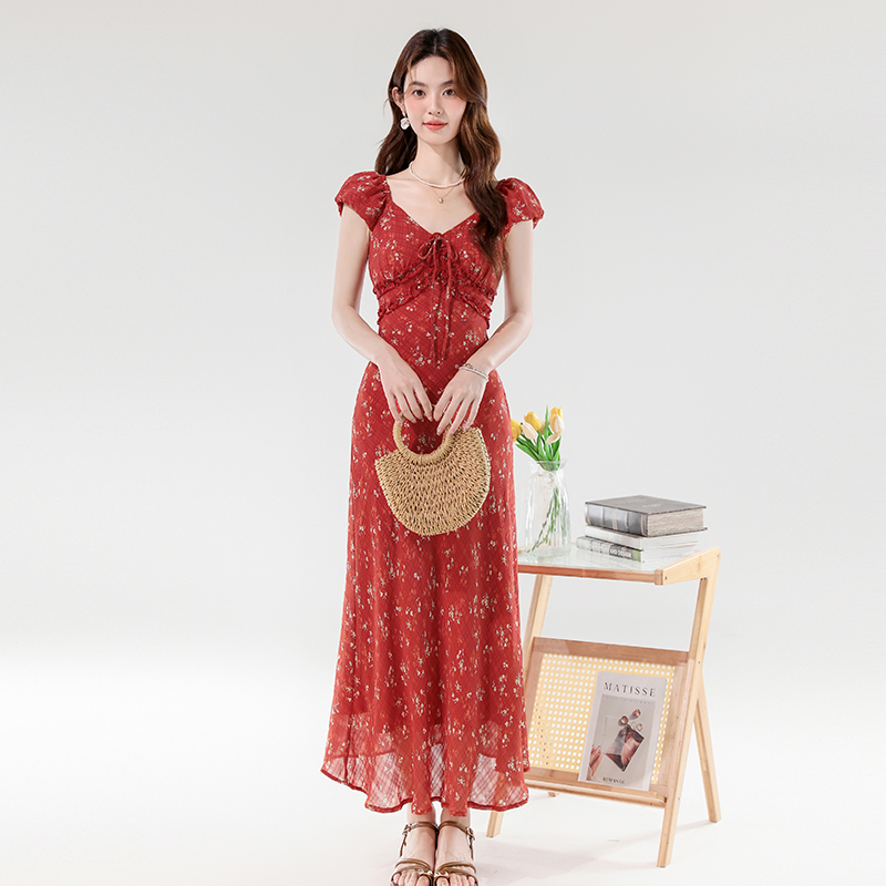 2026 Summer French V-Neck Mermaid Hem Long Dress - Image 5