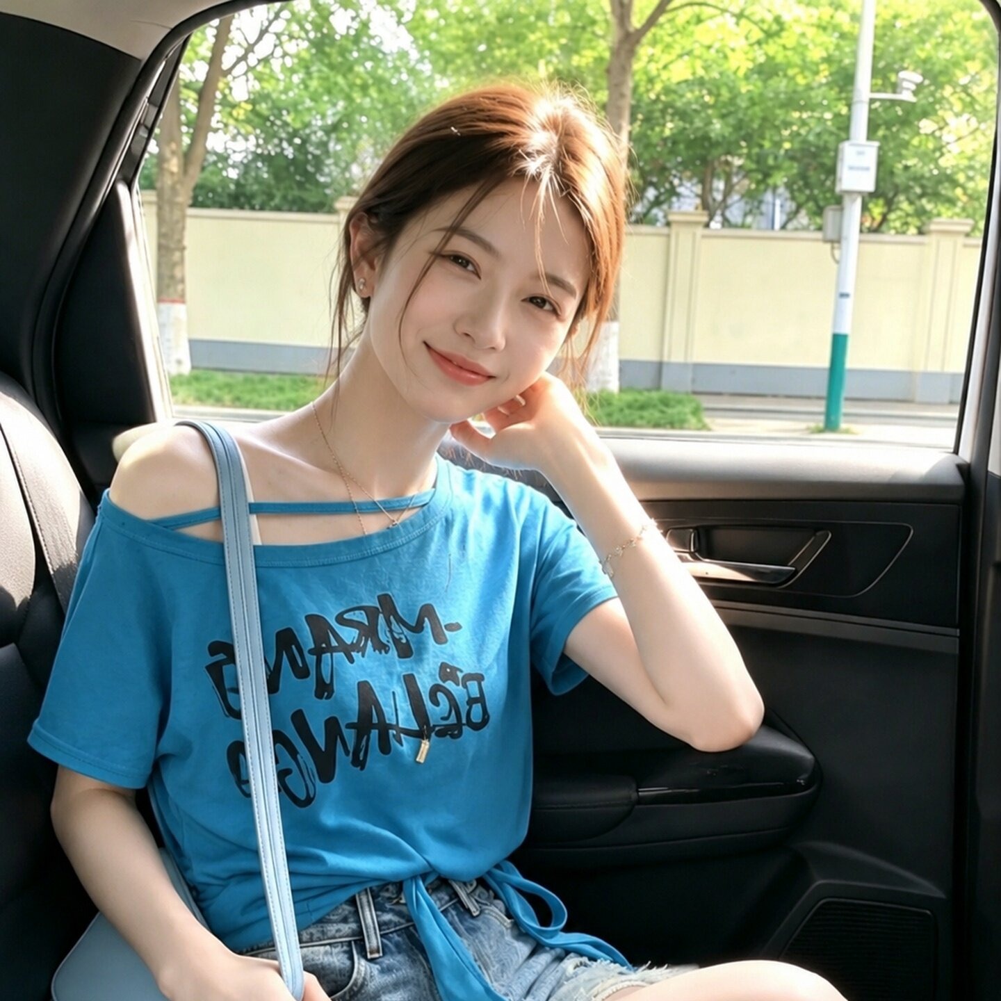 Blue Asymmetric Off-Shoulder Short Sleeve T-Shirt for Women 2026 Summer Cropped Casual Top - Image 5