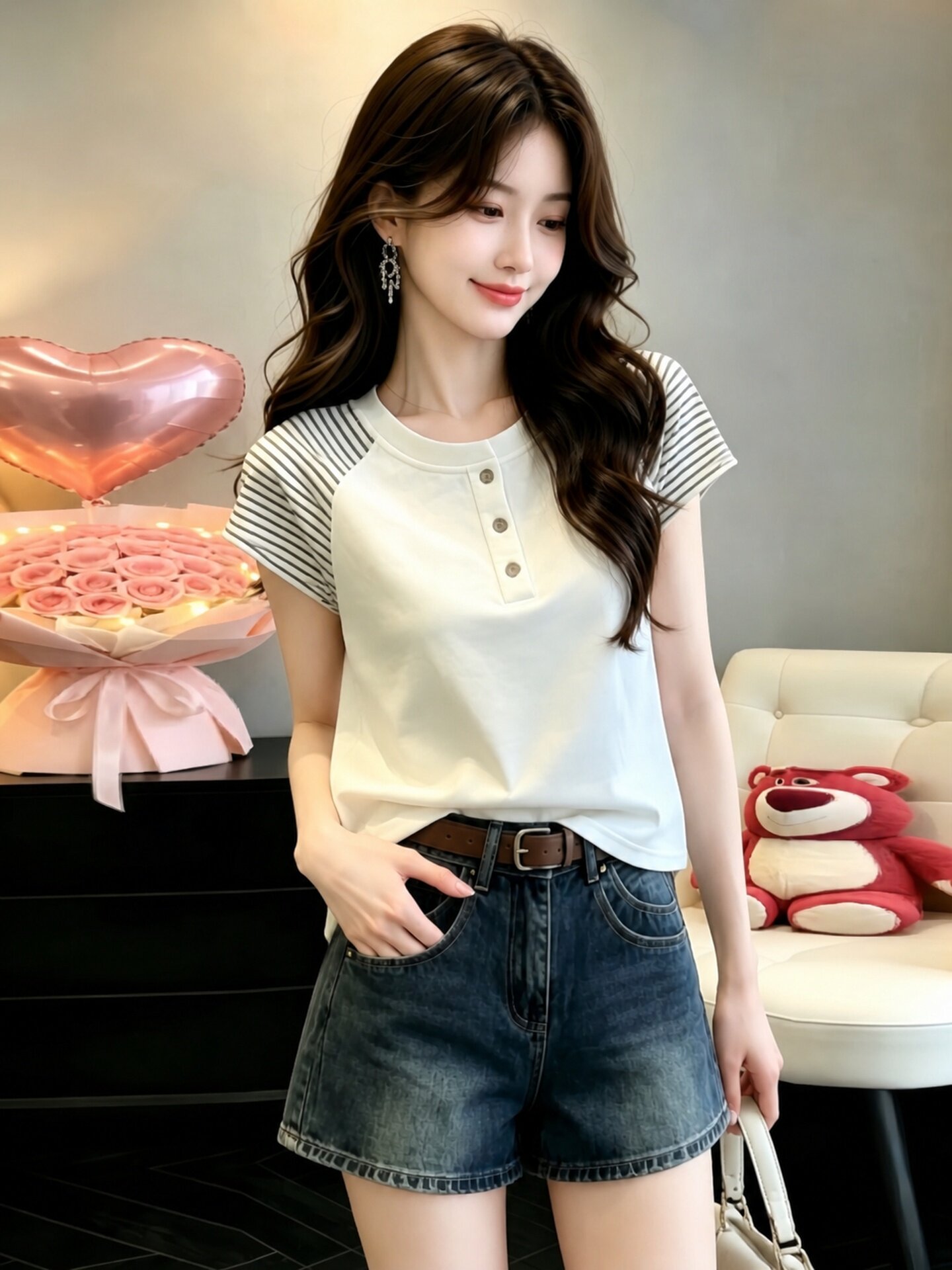 Women's Cream Loose T-Shirt 2026 Summer Short Sleeve Round Neck Casual Top - Image 3