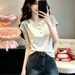 Women's Cream Loose T-Shirt 2026 Summer Short Sleeve Round Neck Casual Top