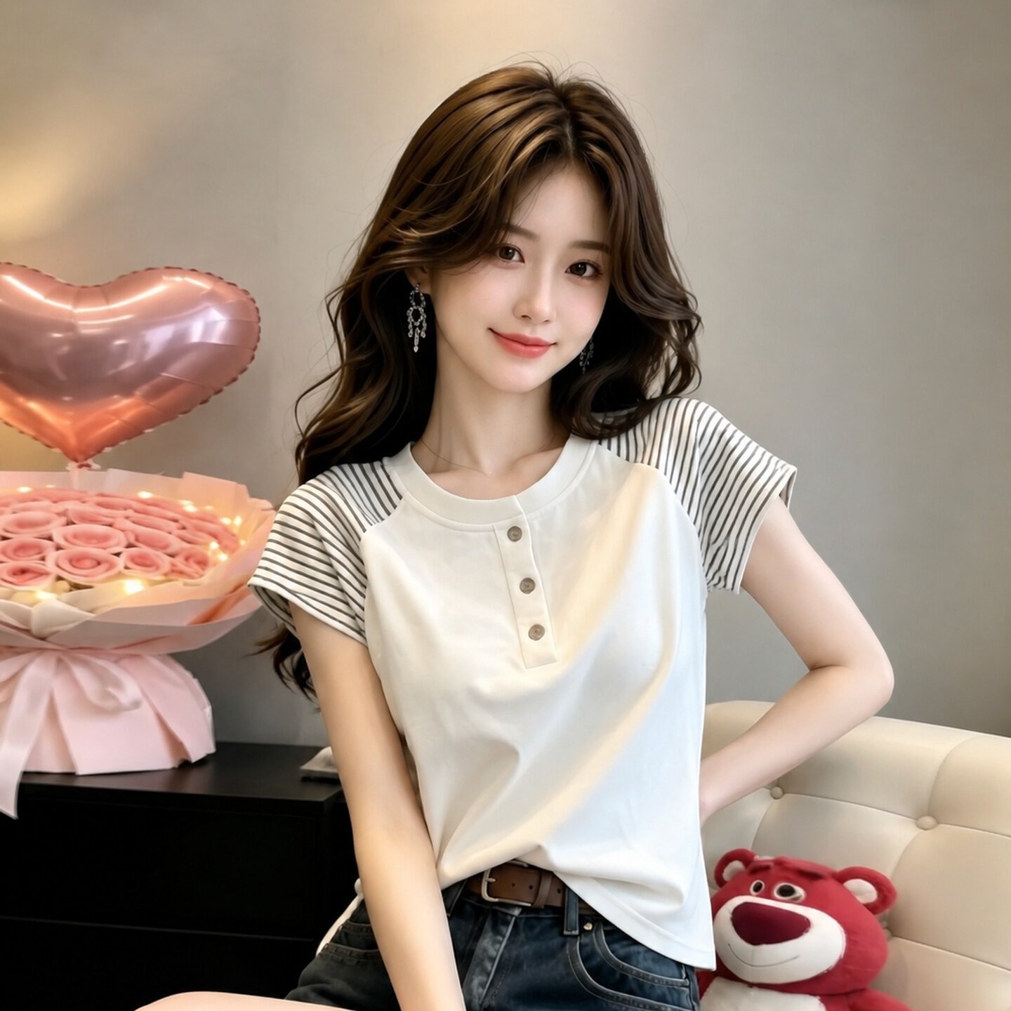 Women's Cream Loose T-Shirt 2026 Summer Short Sleeve Round Neck Casual Top - Image 5