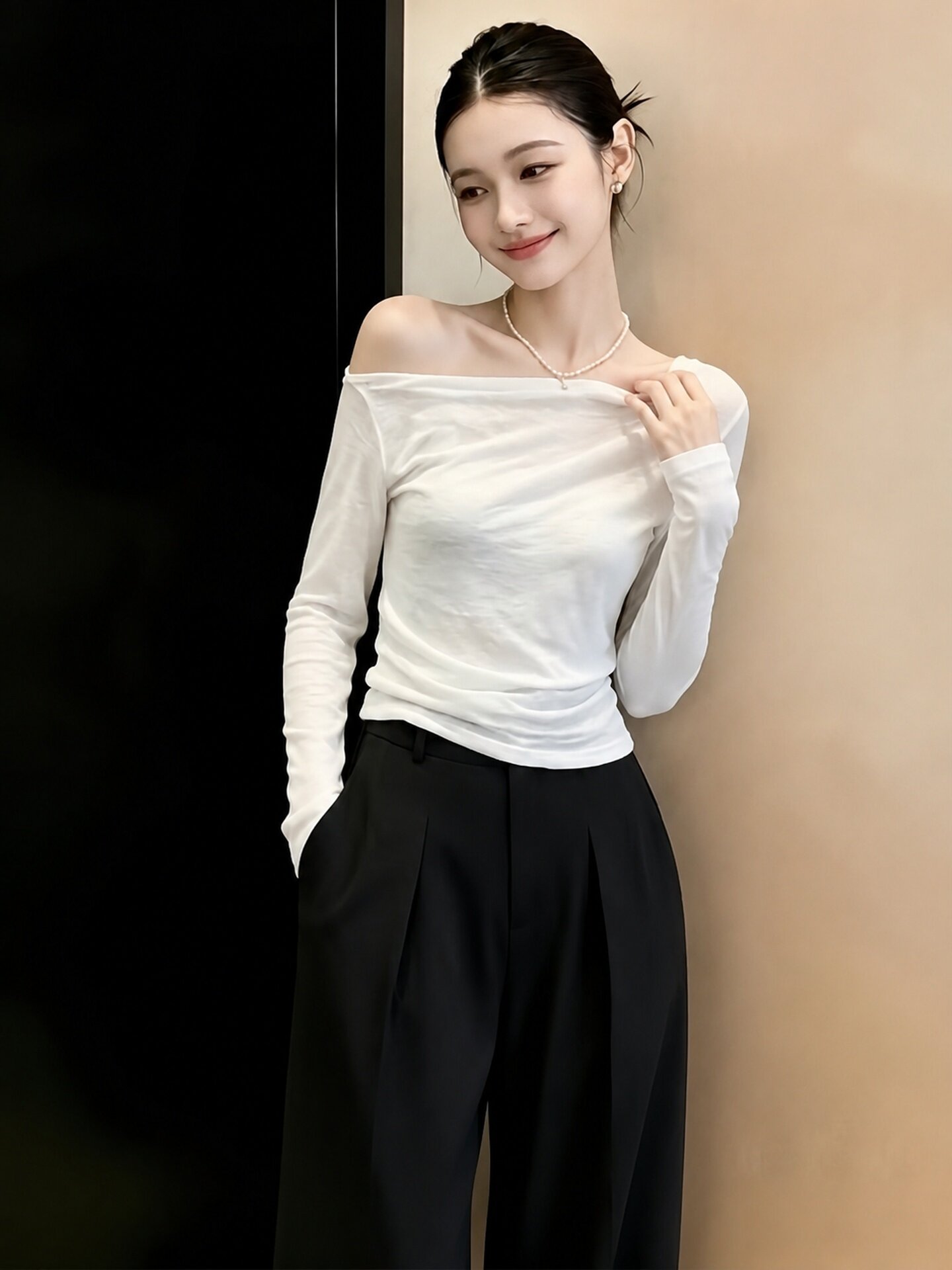 Women's White One-Shoulder Long-Sleeve Sun Protection Top 2026 Summer French Style T-Shirt - Image 3