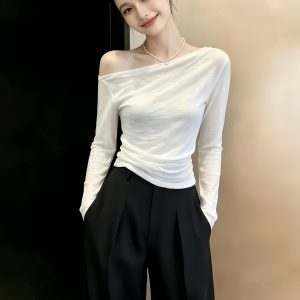 Women's White One-Shoulder Long-Sleeve Sun Protection Top 2026 Summer French Style T-Shirt