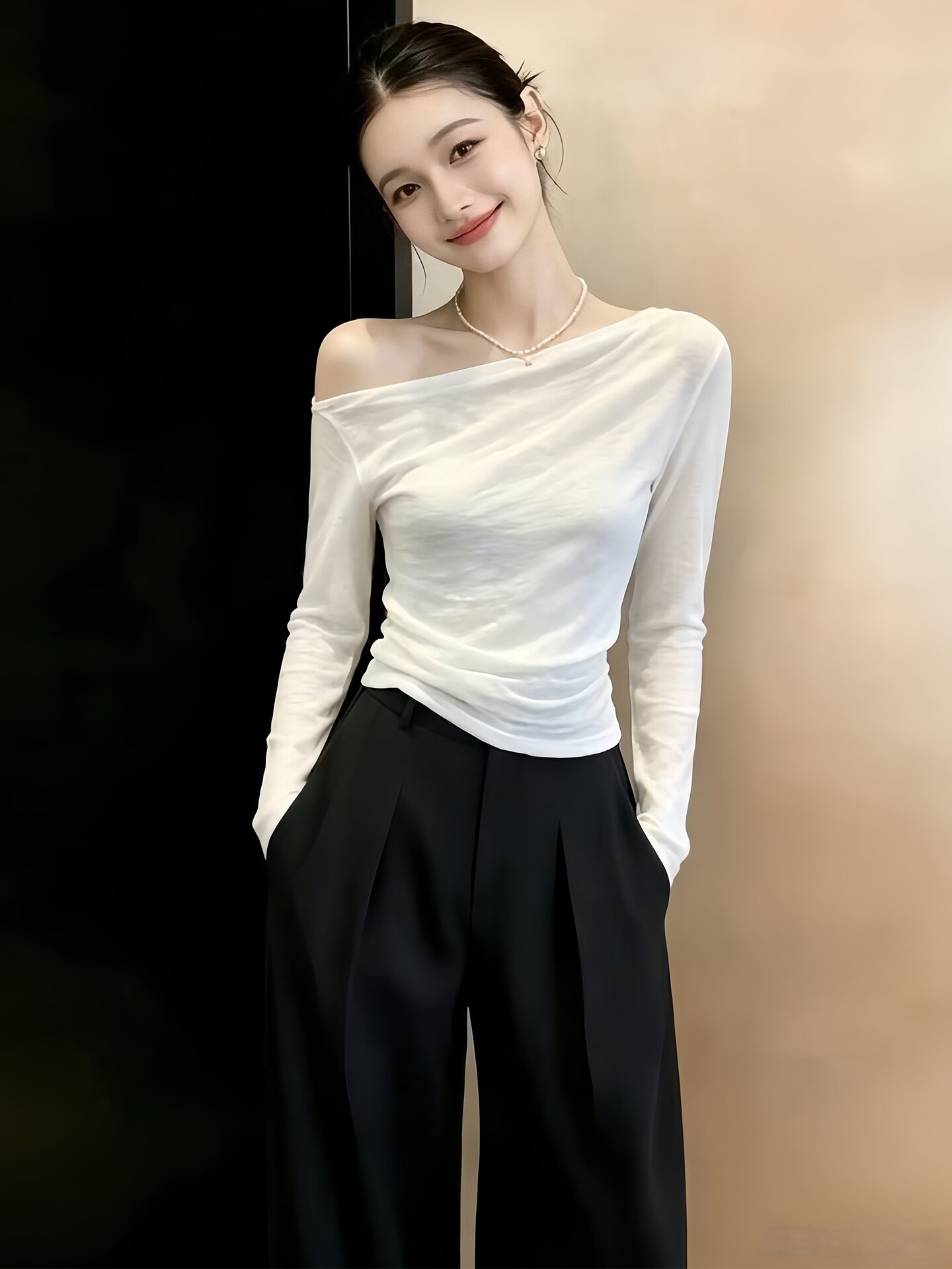 Women's White One-Shoulder Long-Sleeve Sun Protection Top 2026 Summer French Style T-Shirt