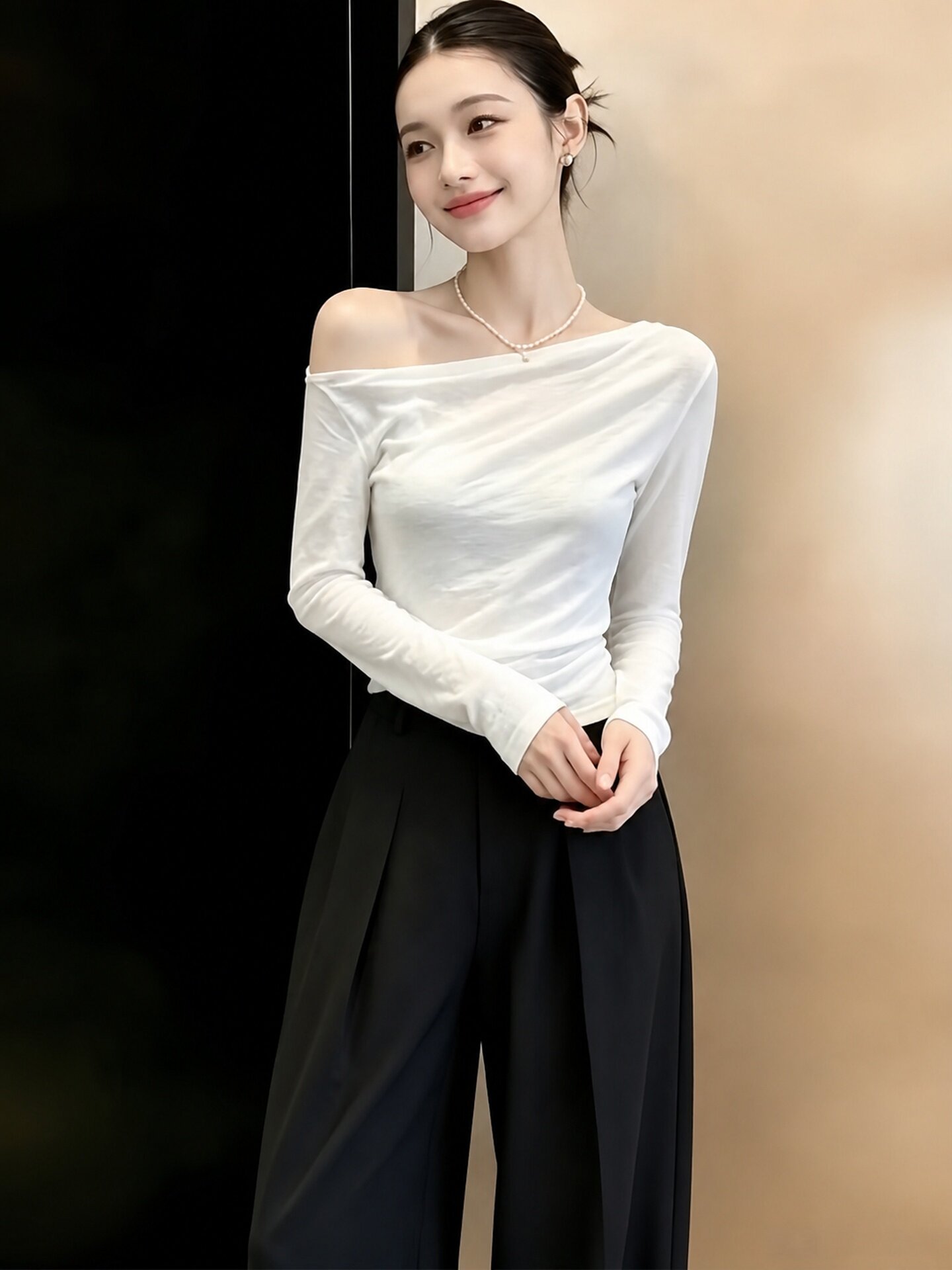 Women's White One-Shoulder Long-Sleeve Sun Protection Top 2026 Summer French Style T-Shirt - Image 2