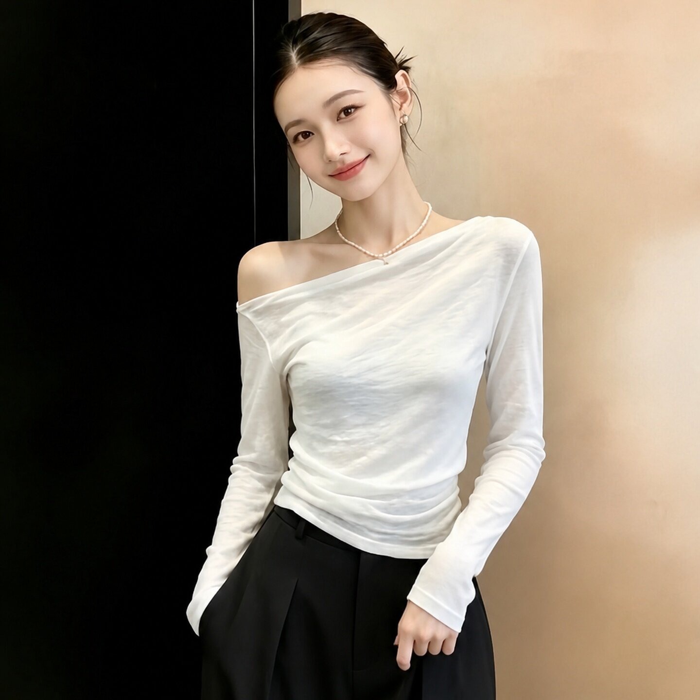 Women's White One-Shoulder Long-Sleeve Sun Protection Top 2026 Summer French Style T-Shirt - Image 5