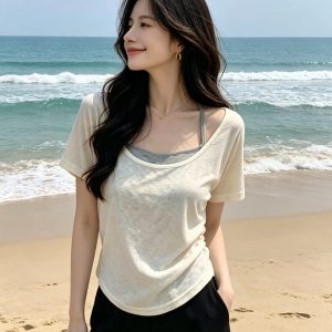 Apricot Short Sleeve T-Shirt Two-Piece Set for Women Summer 2026 New Design