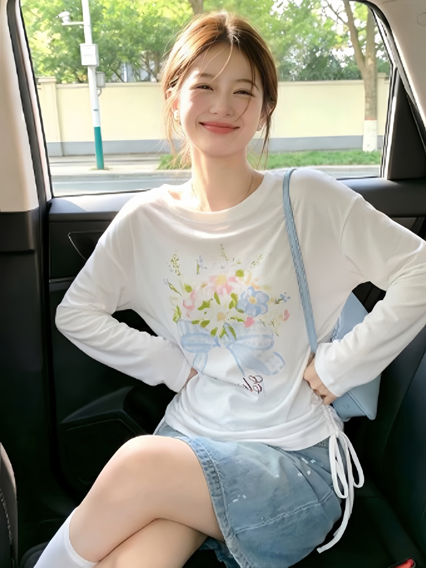 Women's White Print Drawstring Sun Protection Long Sleeve T-Shirt 2026 Summer Sweet Style Top - Image 2