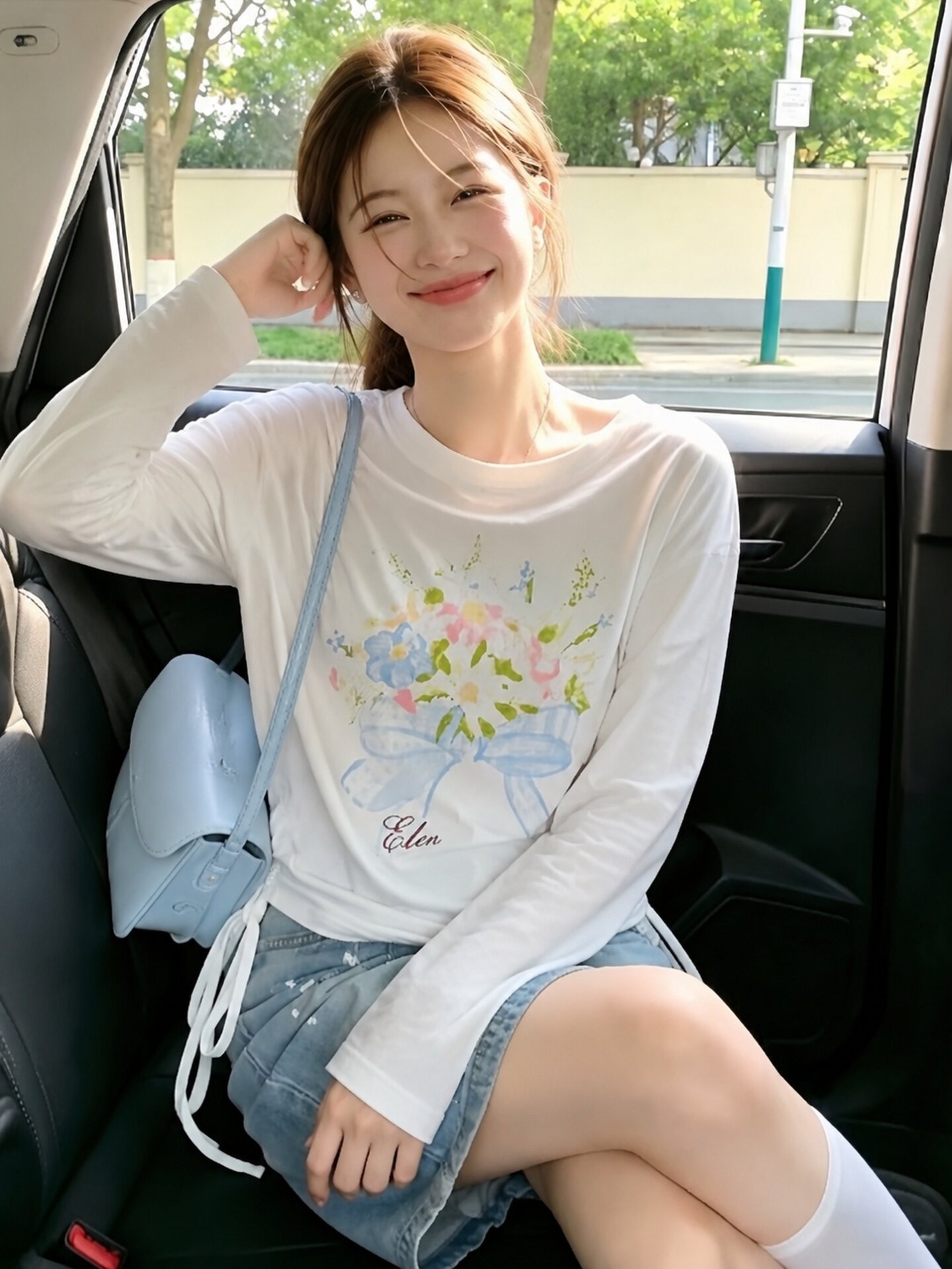 Women's White Print Drawstring Sun Protection Long Sleeve T-Shirt 2026 Summer Sweet Style Top - Image 3