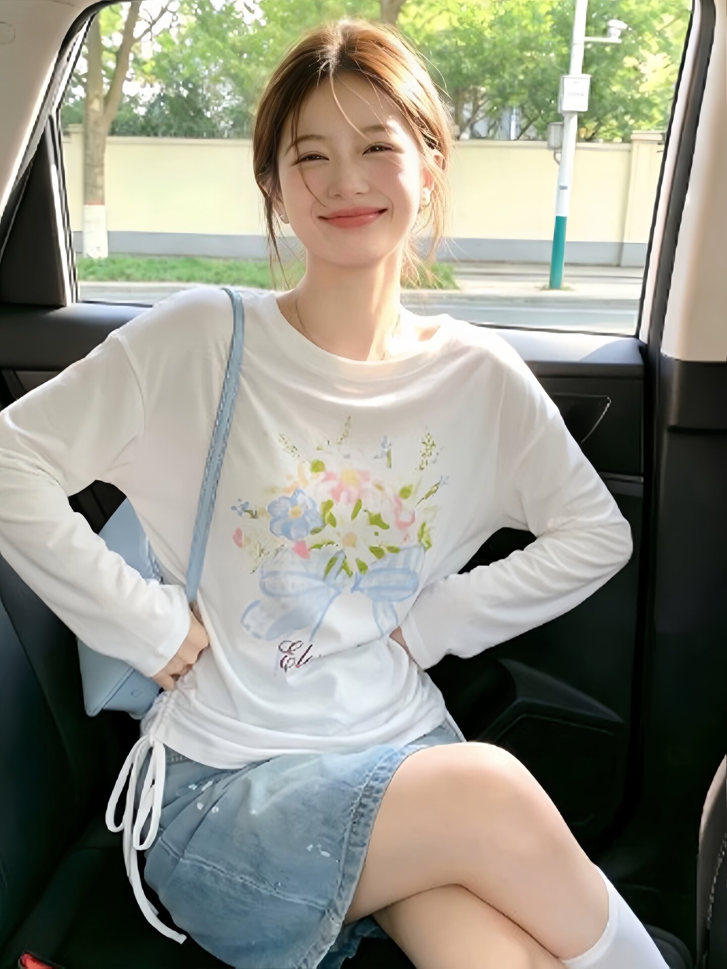 Women's White Print Drawstring Sun Protection Long Sleeve T-Shirt 2026 Summer Sweet Style Top