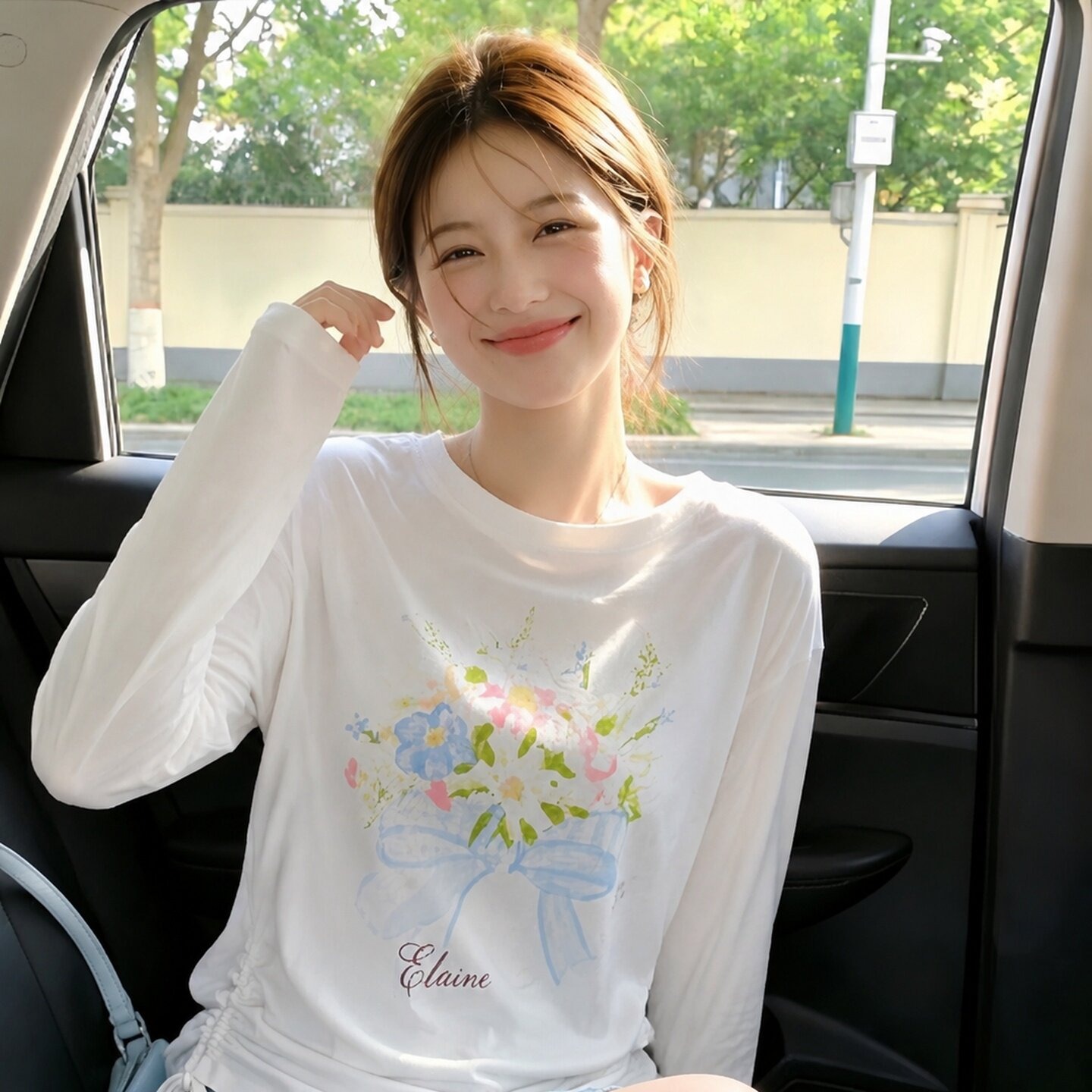 Women's White Print Drawstring Sun Protection Long Sleeve T-Shirt 2026 Summer Sweet Style Top - Image 5