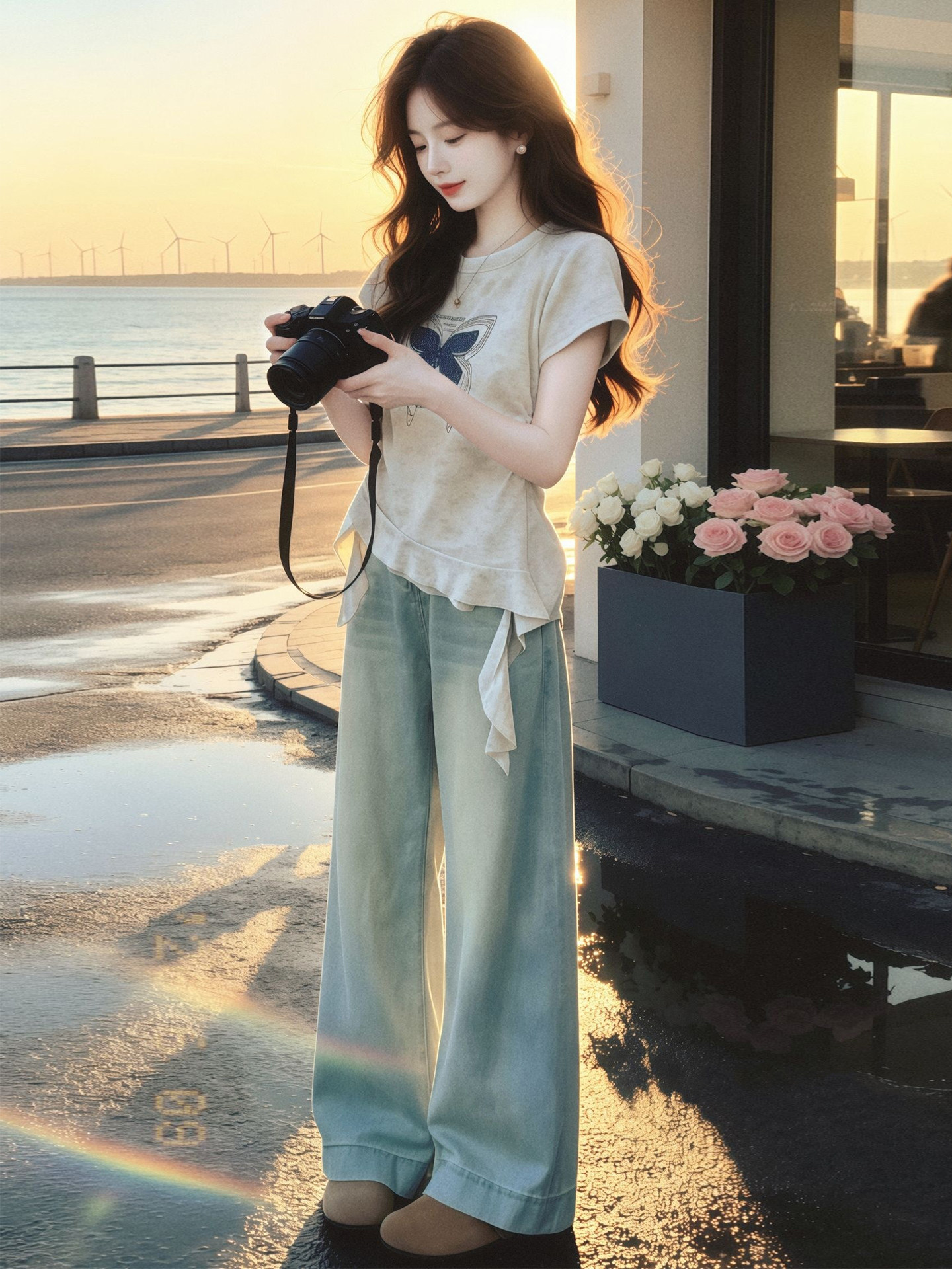 Women's Butterfly Print Ribbon Short Sleeve T-Shirt 2026 Summer French Style - Image 2