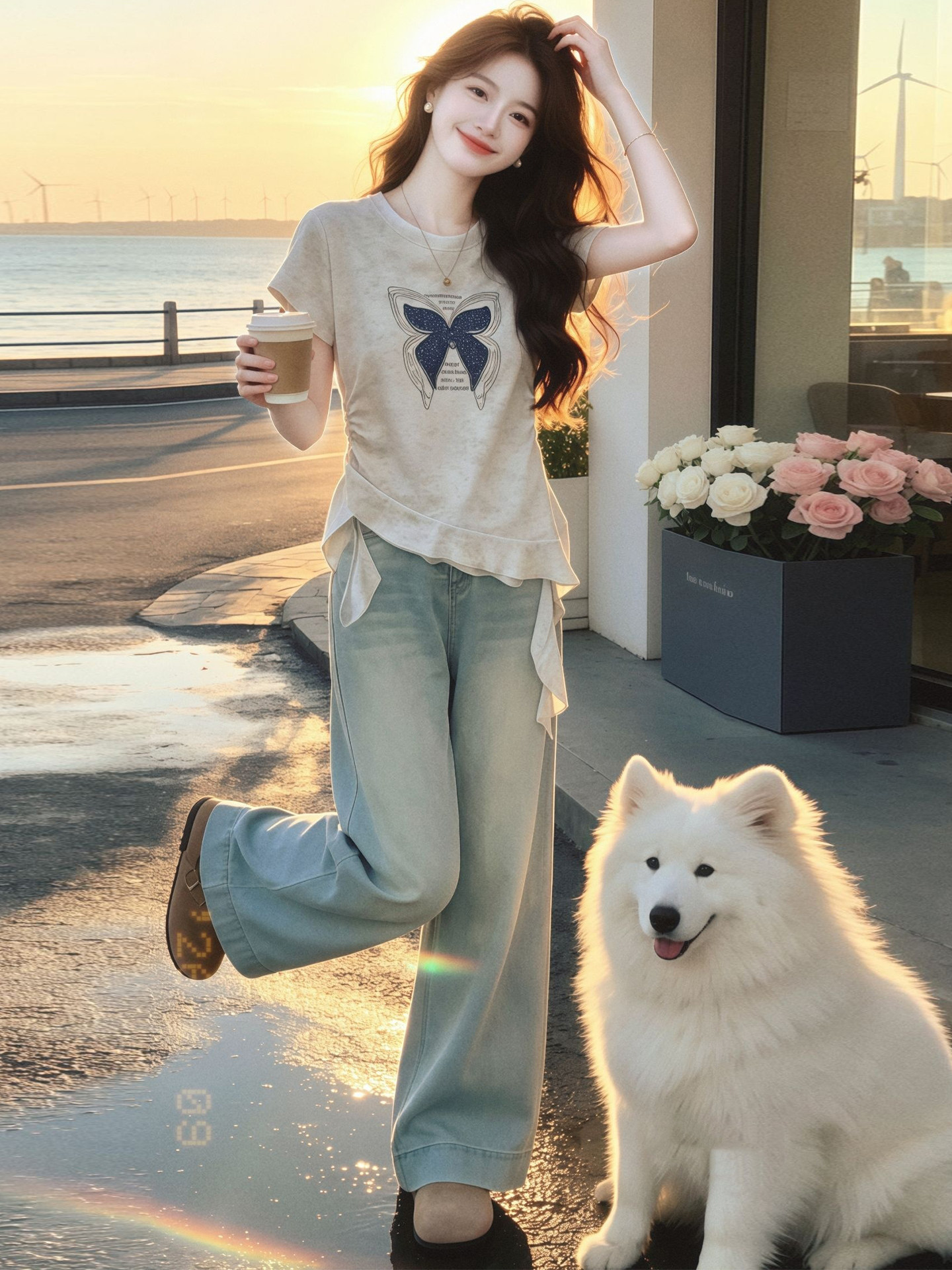Women's Butterfly Print Ribbon Short Sleeve T-Shirt 2026 Summer French Style - Image 3