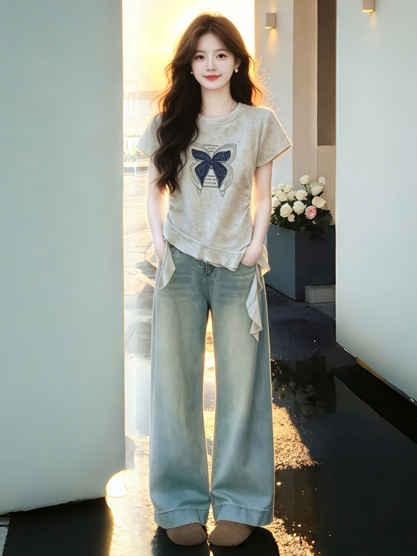 Women's Butterfly Print Ribbon Short Sleeve T-Shirt 2026 Summer French Style - Image 4