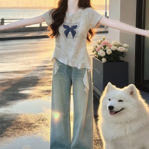 Women's Butterfly Print Ribbon Short Sleeve T-Shirt 2026 Summer French Style