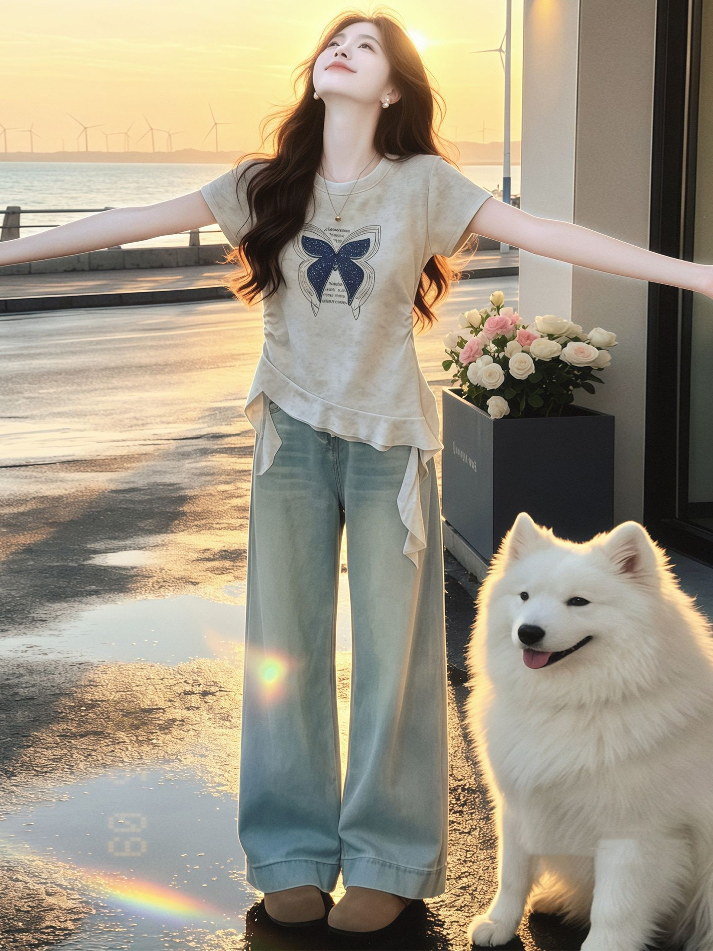 Women's Butterfly Print Ribbon Short Sleeve T-Shirt 2026 Summer French Style