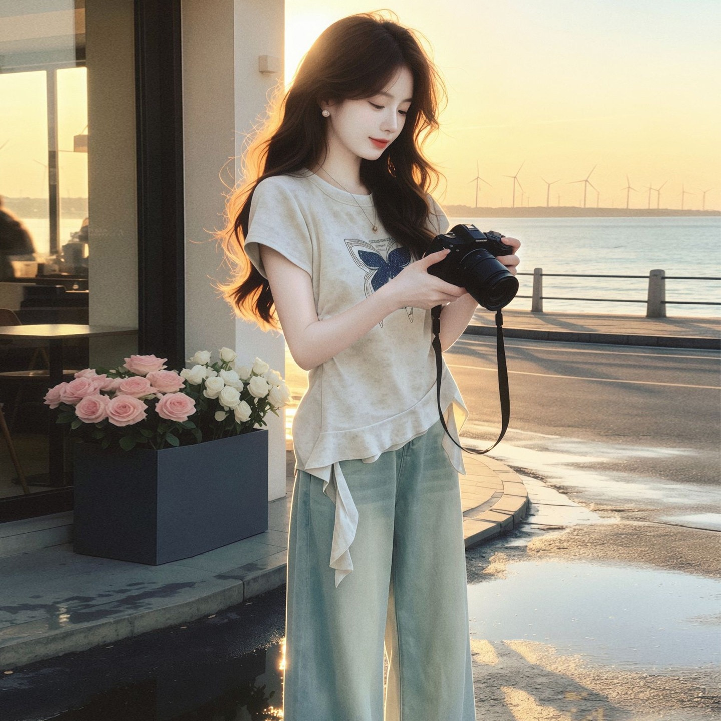 Women's Butterfly Print Ribbon Short Sleeve T-Shirt 2026 Summer French Style - Image 5