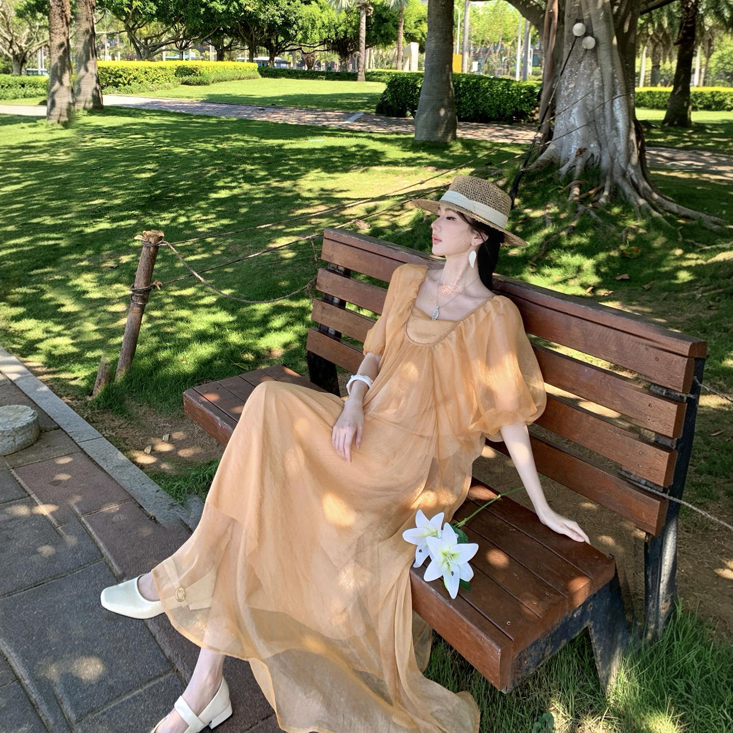 Champagne Square Neck Puff Sleeve Shiny Dress Women Summer Elegant Long Dress - Image 4