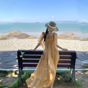 Champagne Square Neck Puff Sleeve Shiny Dress Women Summer Elegant Long Dress