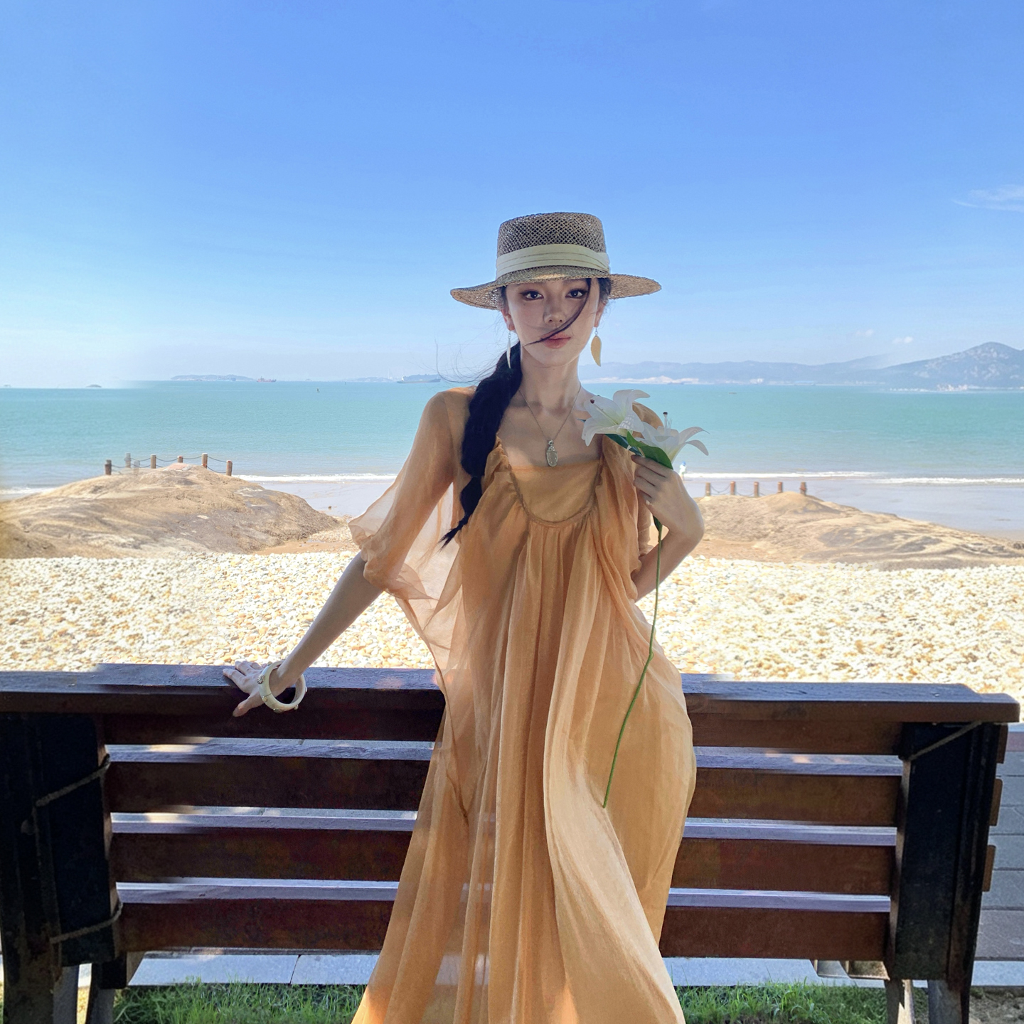 Champagne Square Neck Puff Sleeve Shiny Dress Women Summer Elegant Long Dress - Image 2