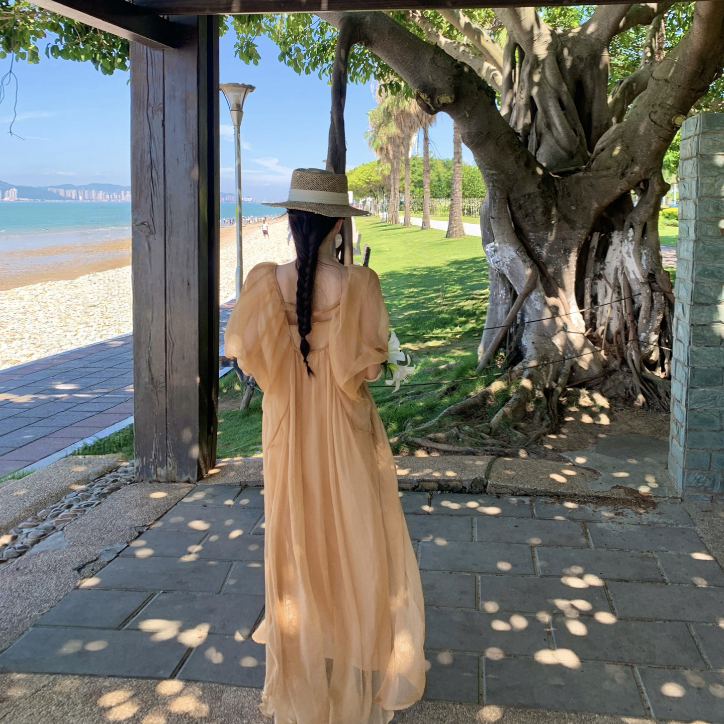Champagne Square Neck Puff Sleeve Shiny Dress Women Summer Elegant Long Dress - Image 5