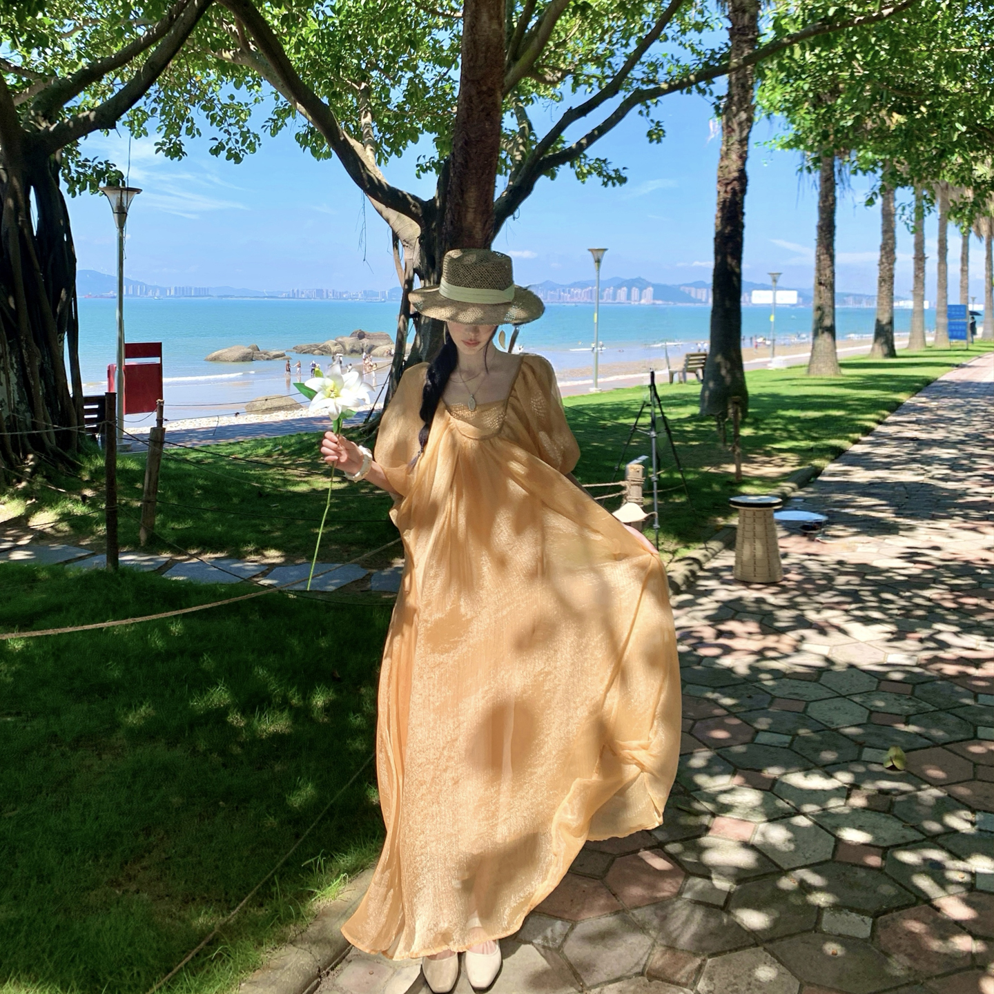 Champagne Square Neck Puff Sleeve Shiny Dress Women Summer Elegant Long Dress - Image 3