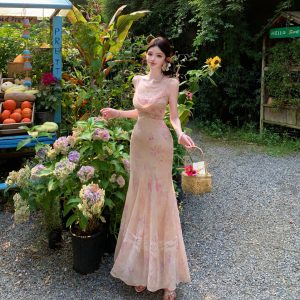 Floral Print Lace Panel Cowl Neck Long Slip Dress