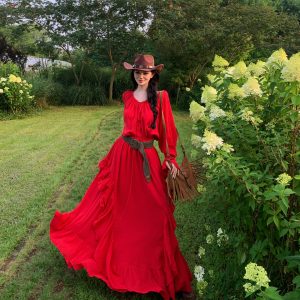 French Vintage Red V-Neck Drawstring Ruffle Dress Adjustable Off-Shoulder Long Sleeve Midi Dress