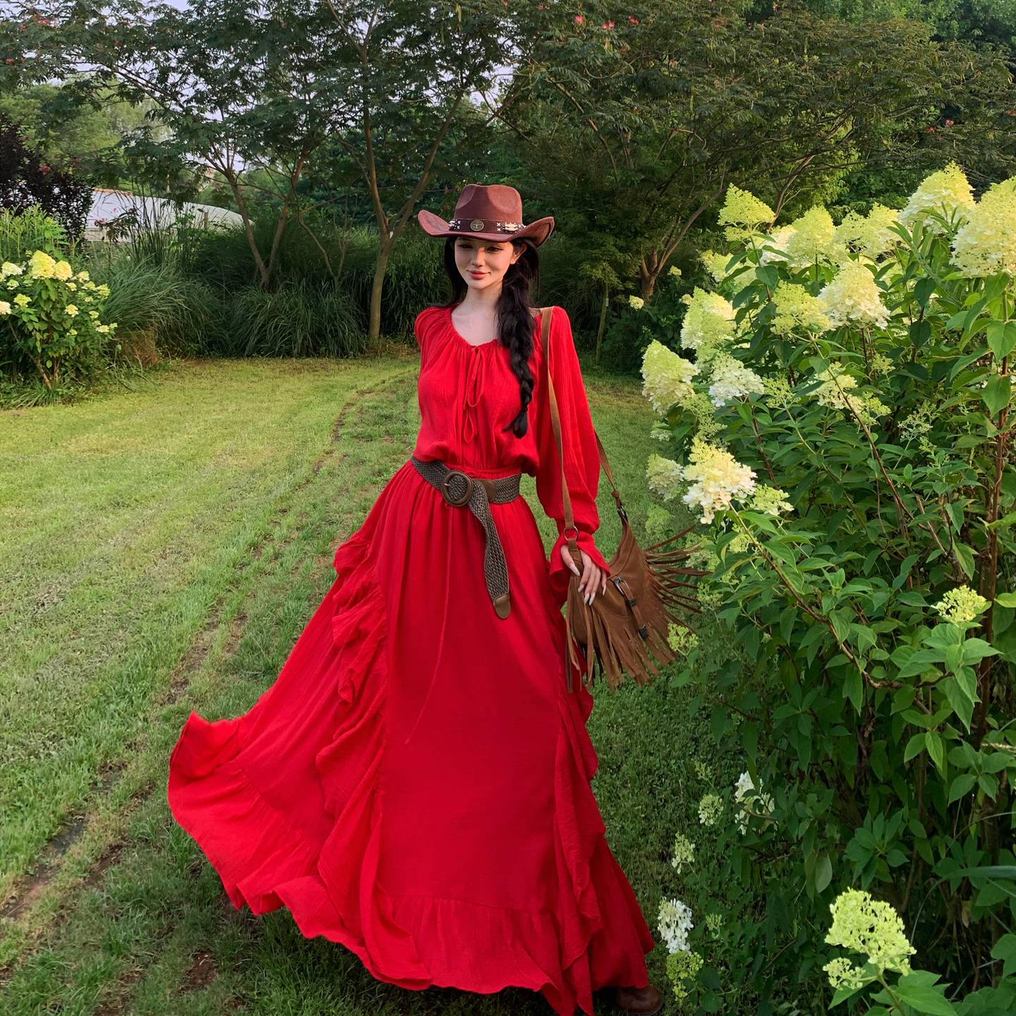 French Vintage Red V-Neck Drawstring Ruffle Dress Adjustable Off-Shoulder Long Sleeve Midi Dress
