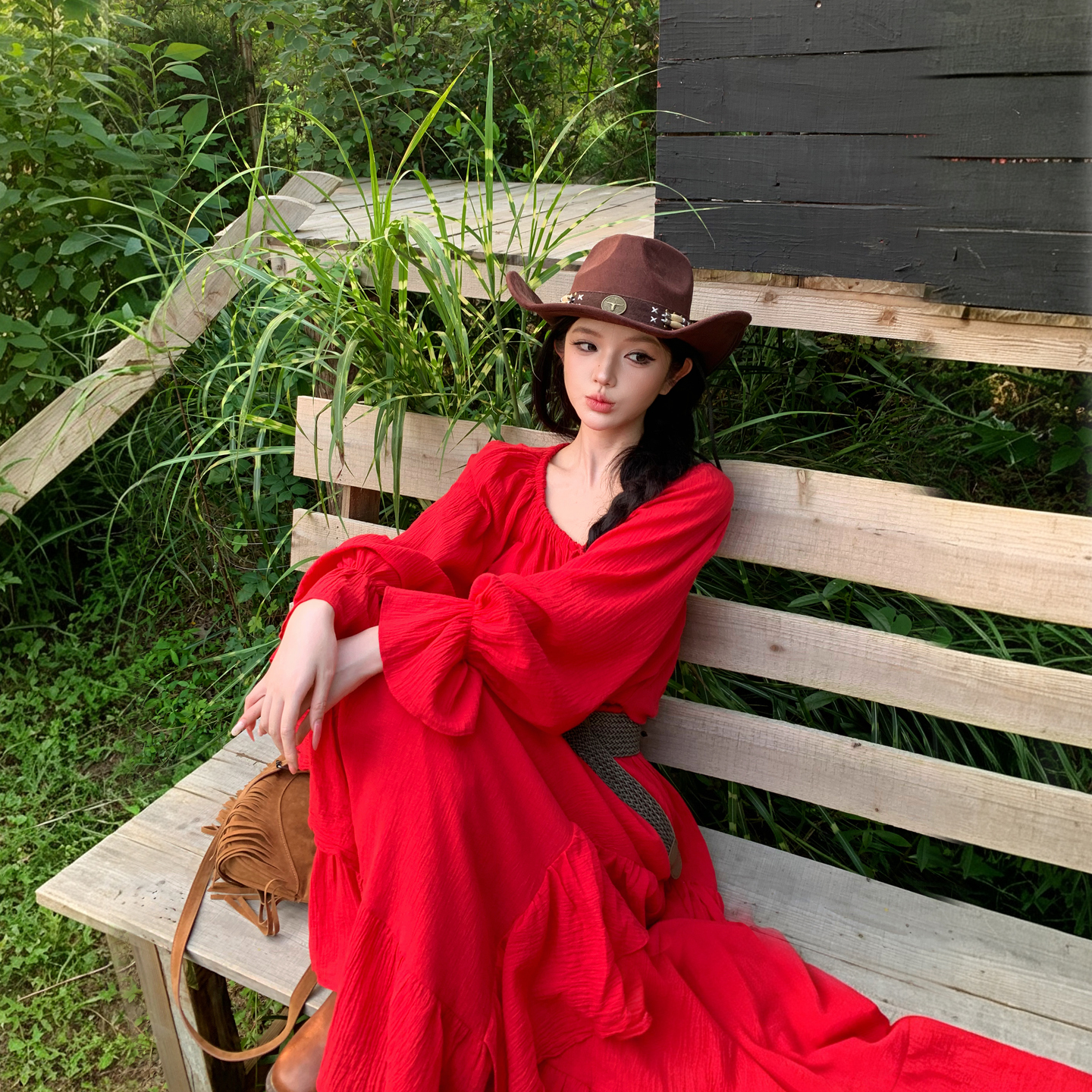 French Vintage Red V-Neck Drawstring Ruffle Dress Adjustable Off-Shoulder Long Sleeve Midi Dress - Image 2