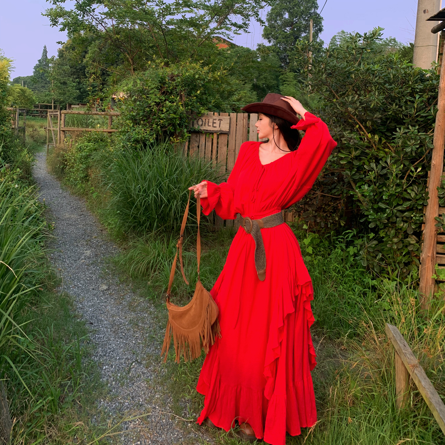 French Vintage Red V-Neck Drawstring Ruffle Dress Adjustable Off-Shoulder Long Sleeve Midi Dress - Image 5