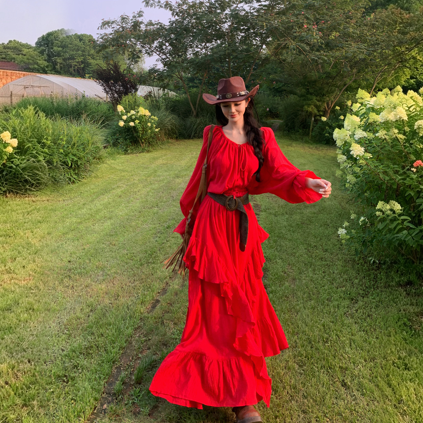 French Vintage Red V-Neck Drawstring Ruffle Dress Adjustable Off-Shoulder Long Sleeve Midi Dress - Image 3
