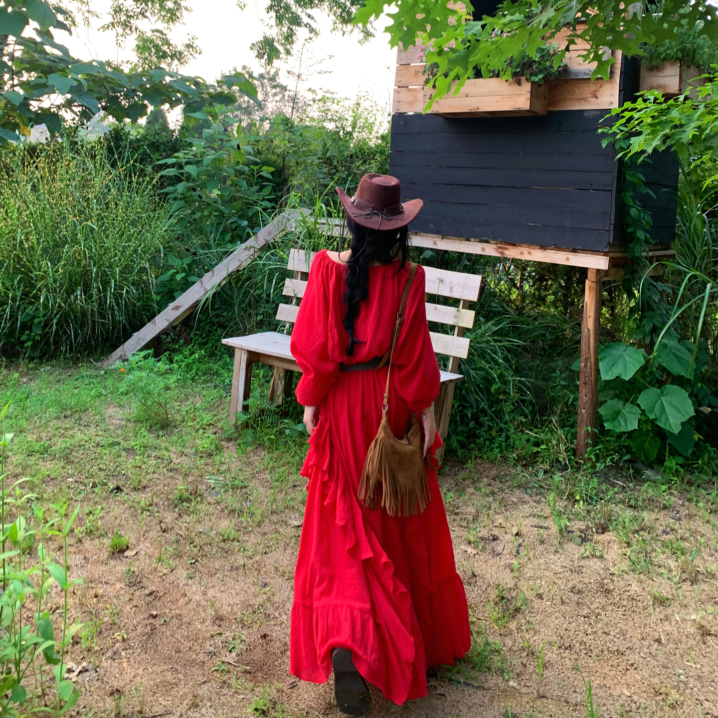 French Vintage Red V-Neck Drawstring Ruffle Dress Adjustable Off-Shoulder Long Sleeve Midi Dress - Image 4