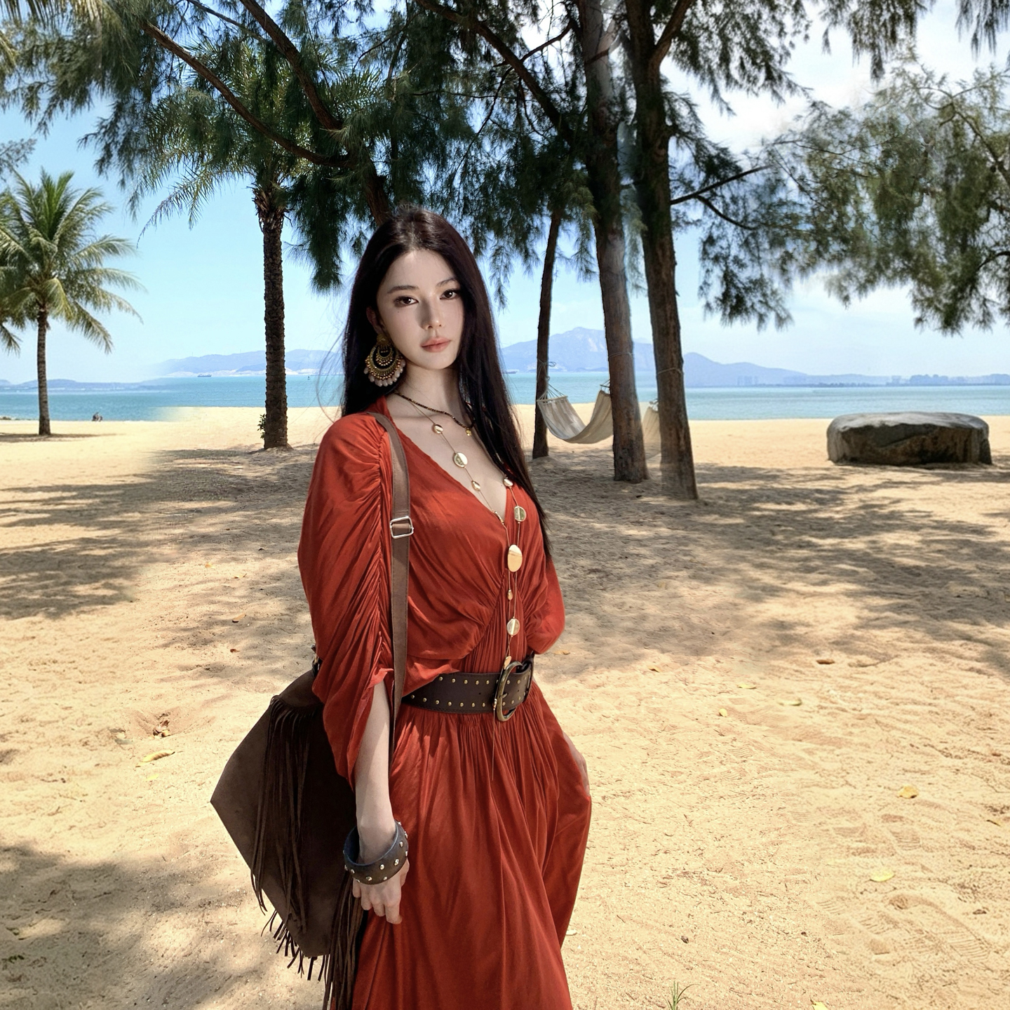 Dune Style Pleated Batwing Sleeve Dress Artistic Exhibition Evening Gown Beach Vacation Photo Beach Dress - Image 3