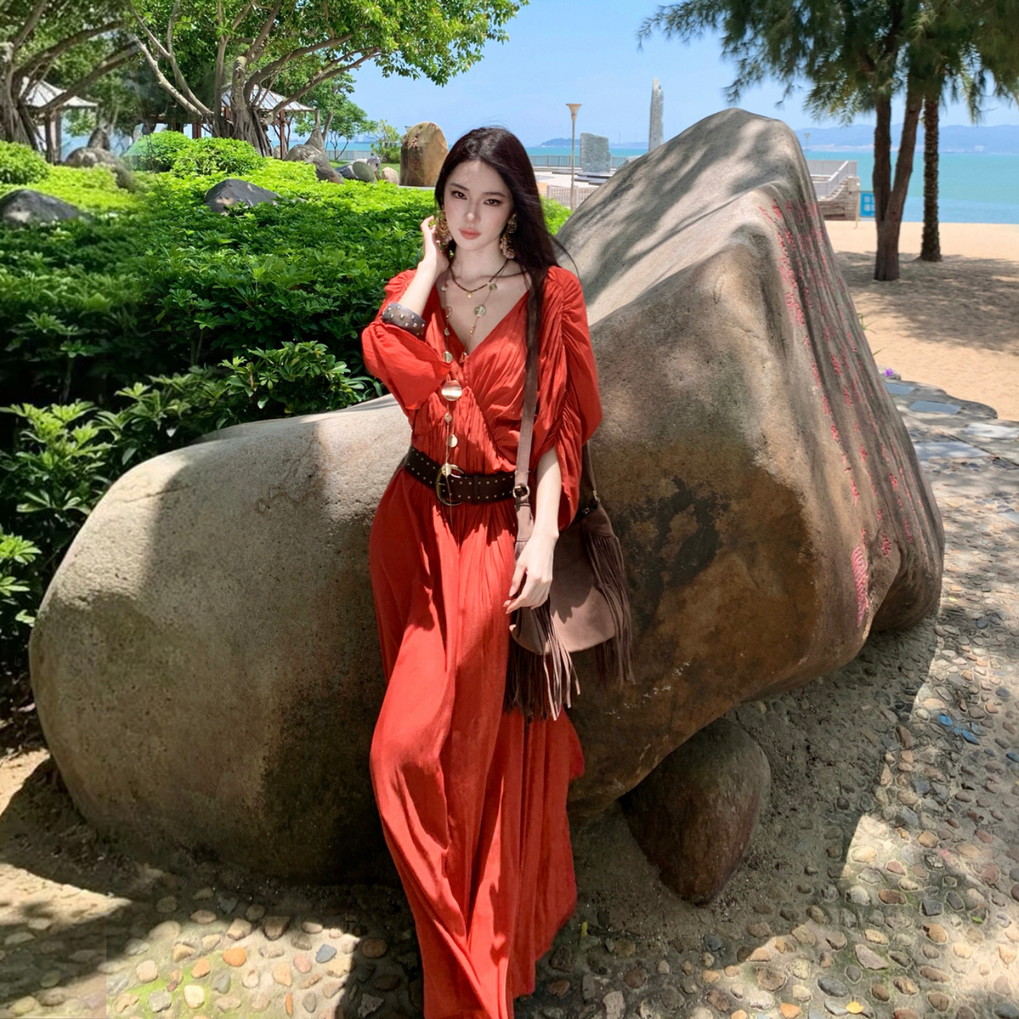 Dune Style Pleated Batwing Sleeve Dress Artistic Exhibition Evening Gown Beach Vacation Photo Beach Dress - Image 4
