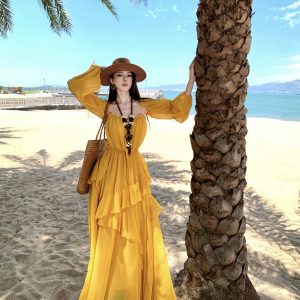 Women Yellow Lantern Sleeve Chiffon Maxi Dress for Travel Resort Vacation