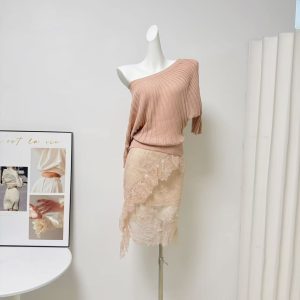Women's Asymmetric One-Shoulder Knit Top and Bodycon Skirt Set