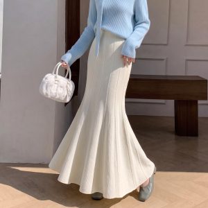 Women's Ribbed Knit Bodycon Mermaid Long Skirt 2026 Autumn High Waist A-Line