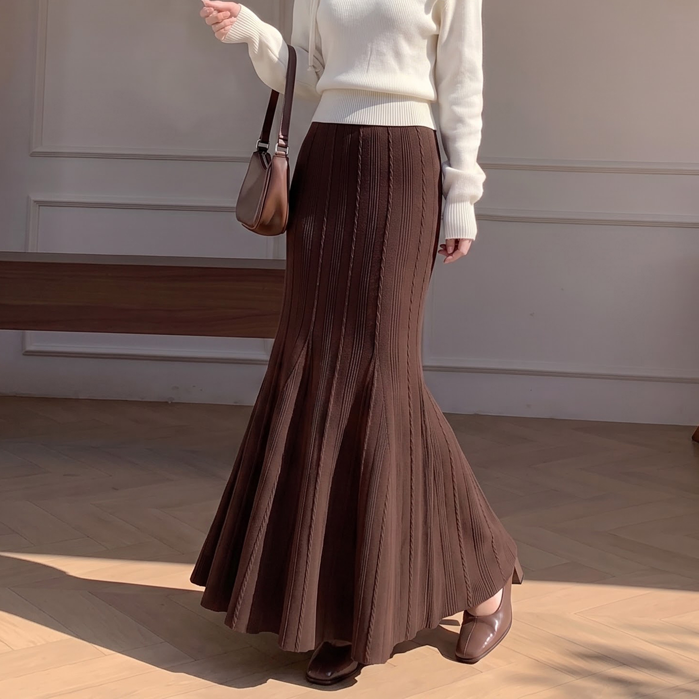 Women's Ribbed Knit Bodycon Mermaid Long Skirt 2026 Autumn High Waist A-Line - Image 2